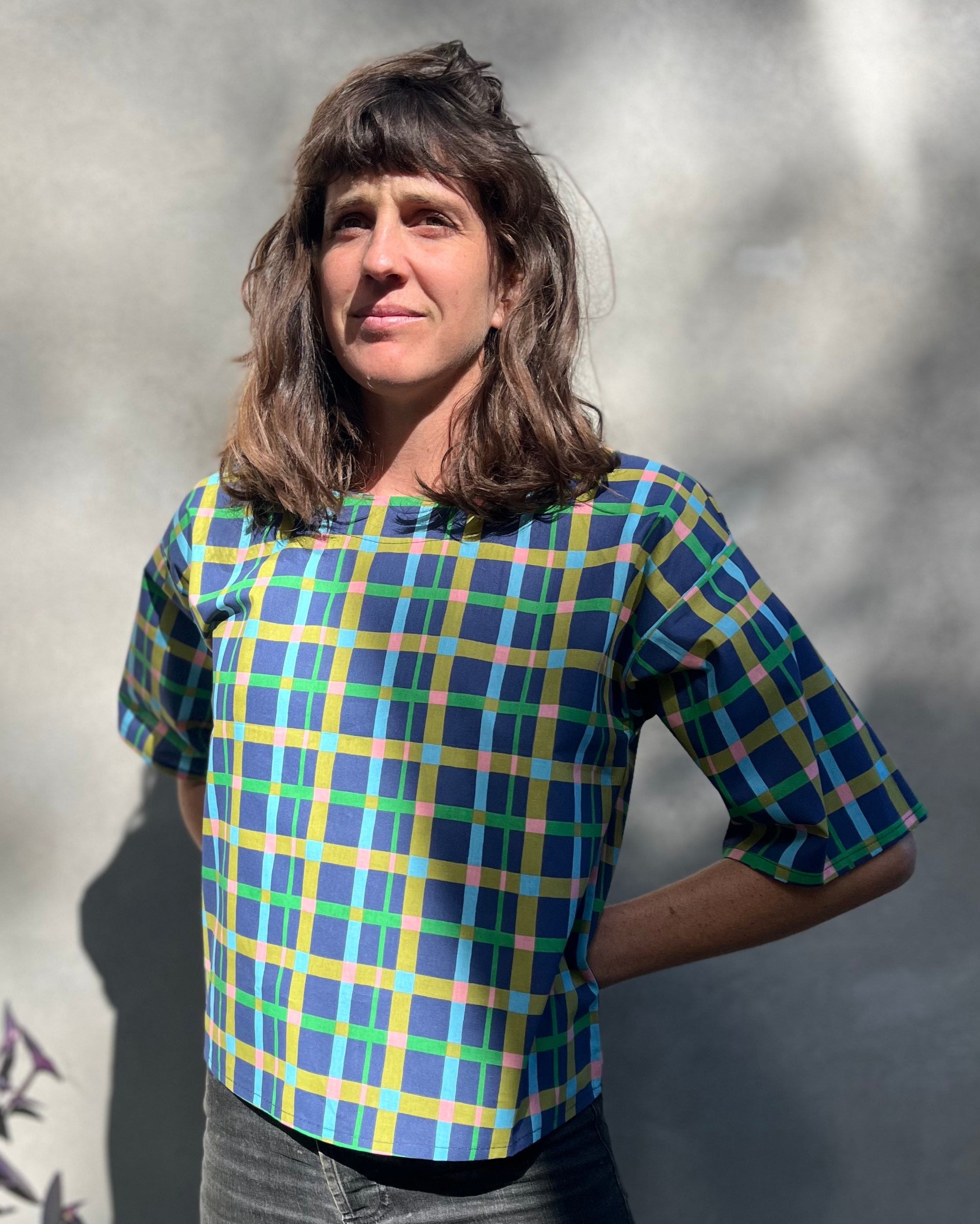 Top Abélia - Carreaux bleus 100 % coton OEKOTEX