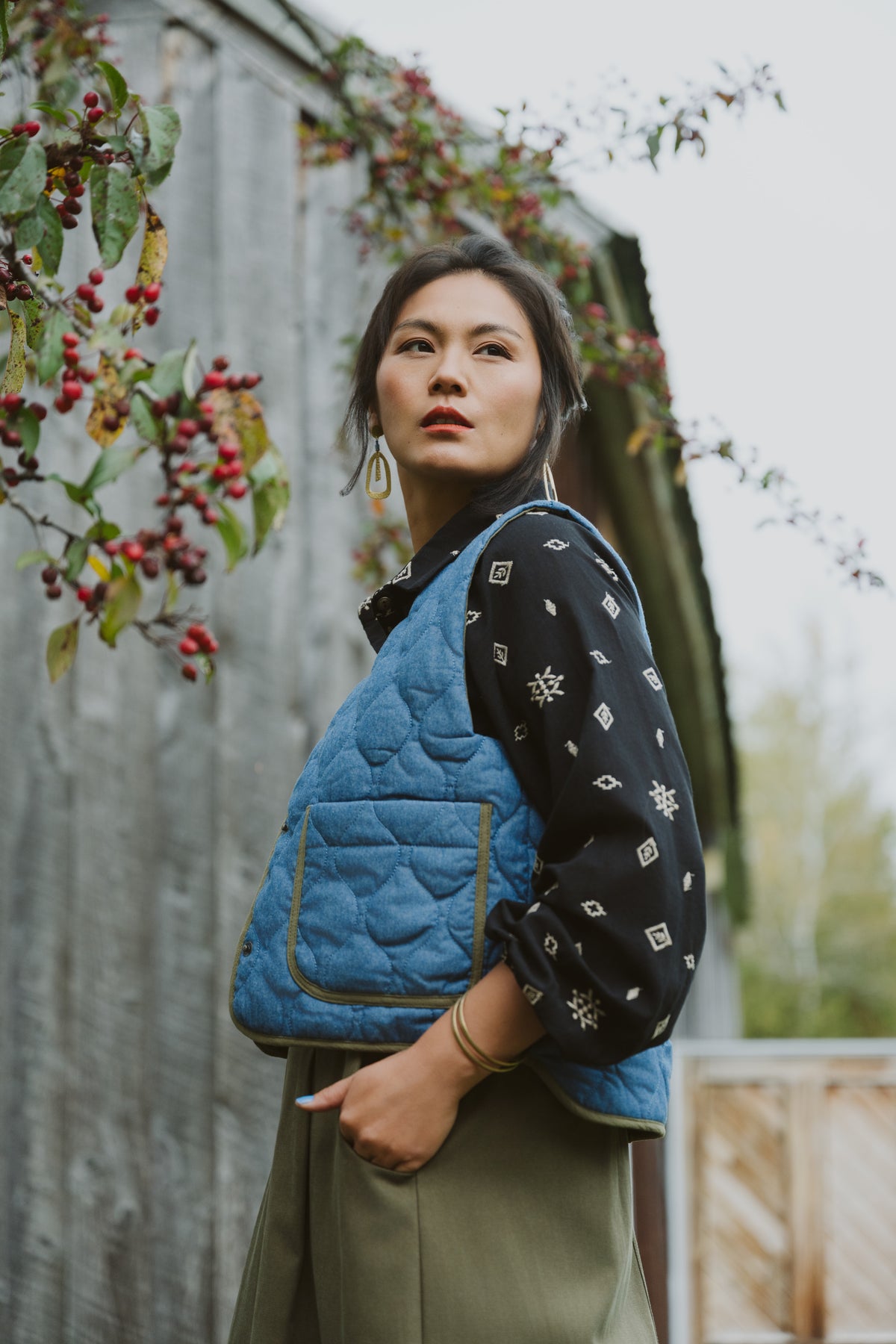 Veste Cyprès - denim bleu matelassé et olive
