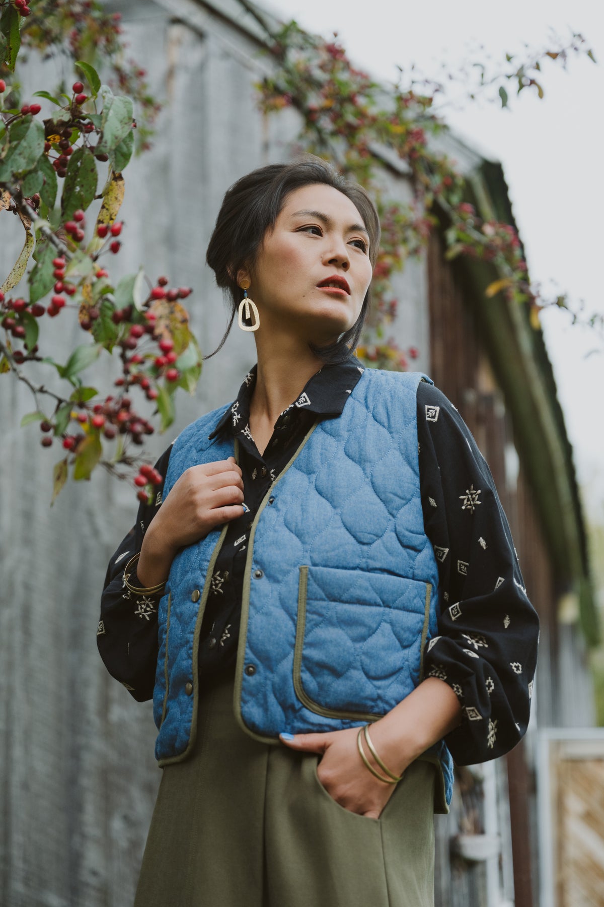 Veste Cyprès - denim bleu matelassé et olive
