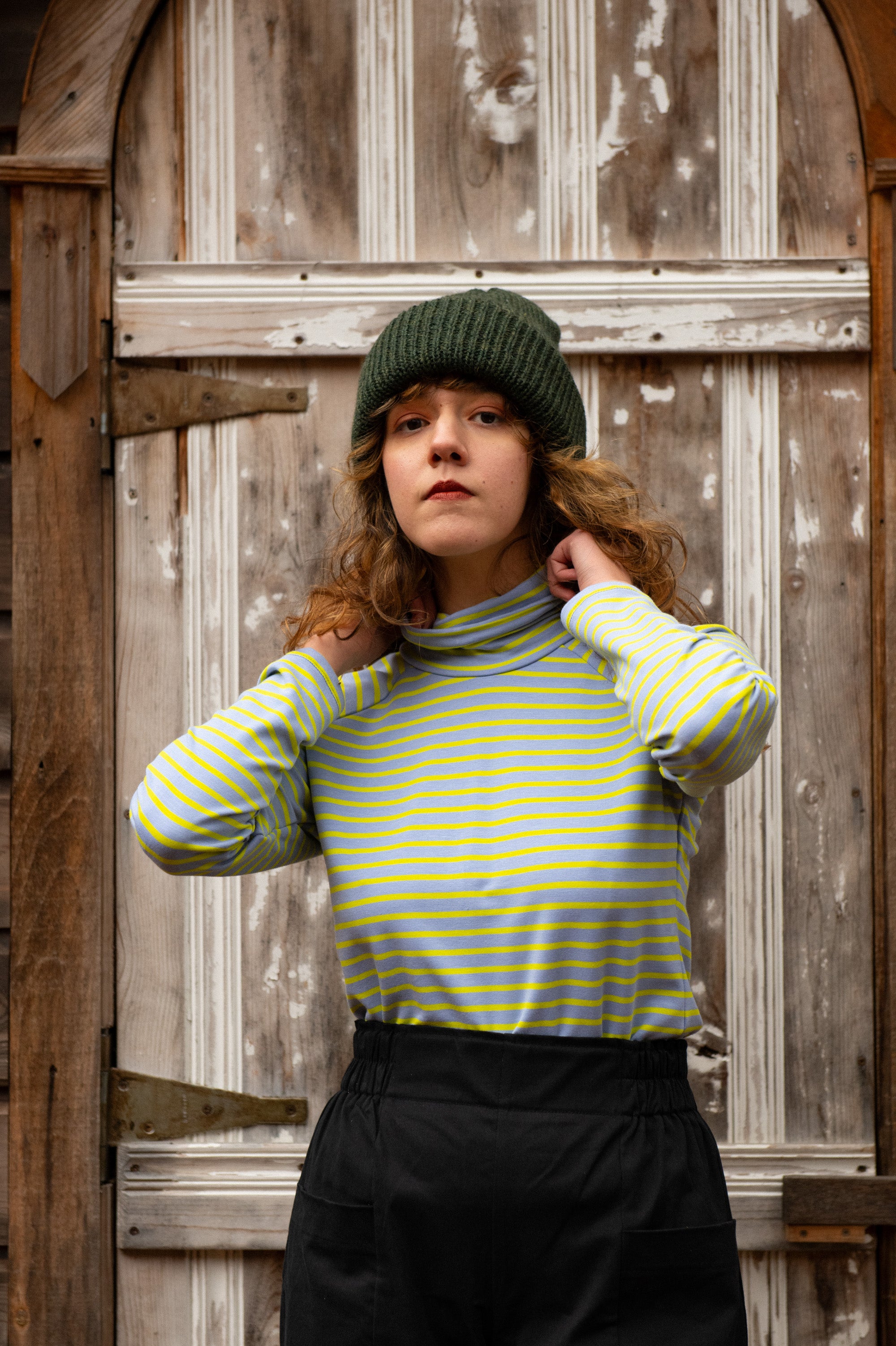 Col roulé raglan ORIS - Rayures lilas & néon Oeko-tex