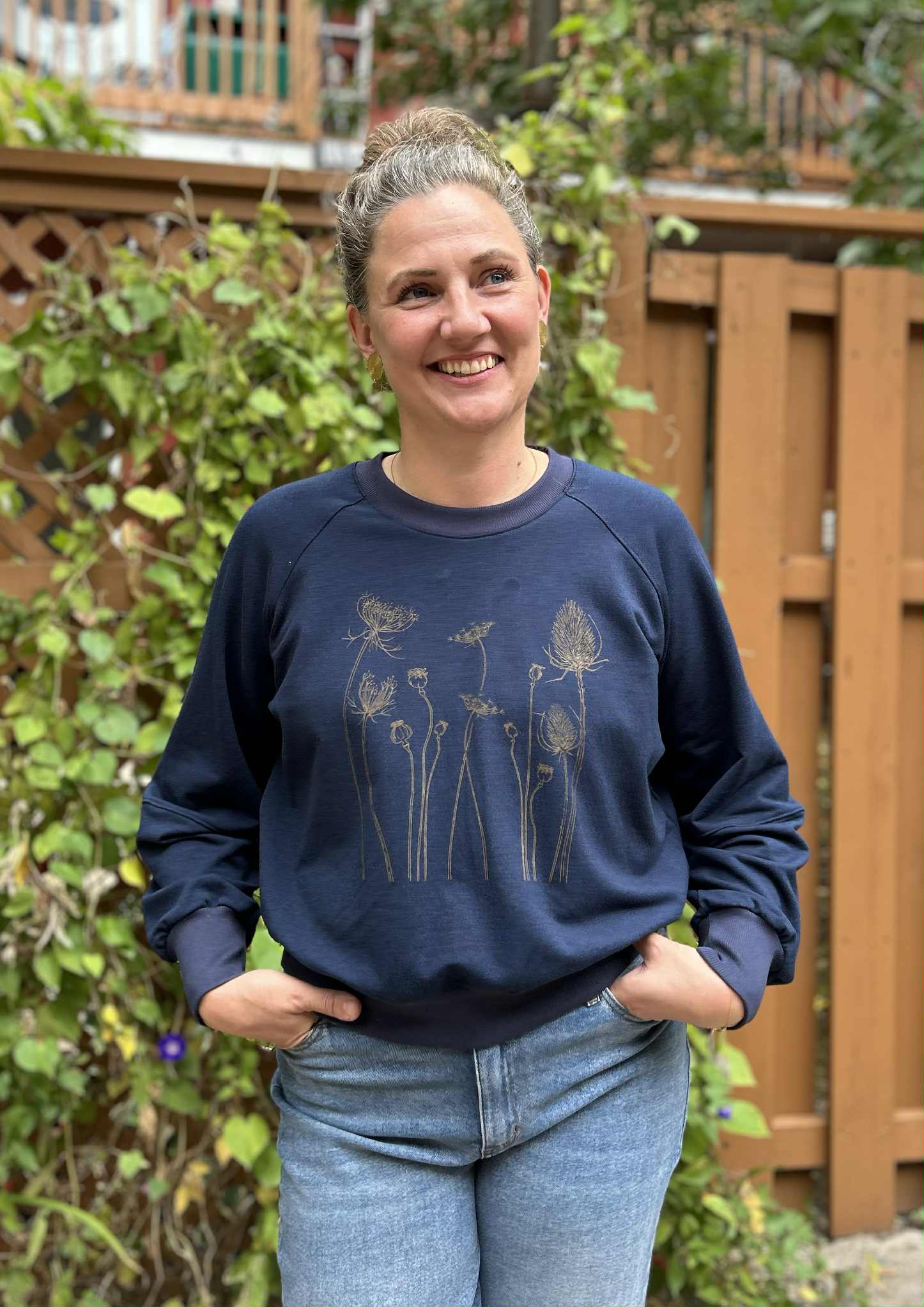 Crewneck MARILOU fleurs d'automne Marine-bambou et coton OEKOTEX