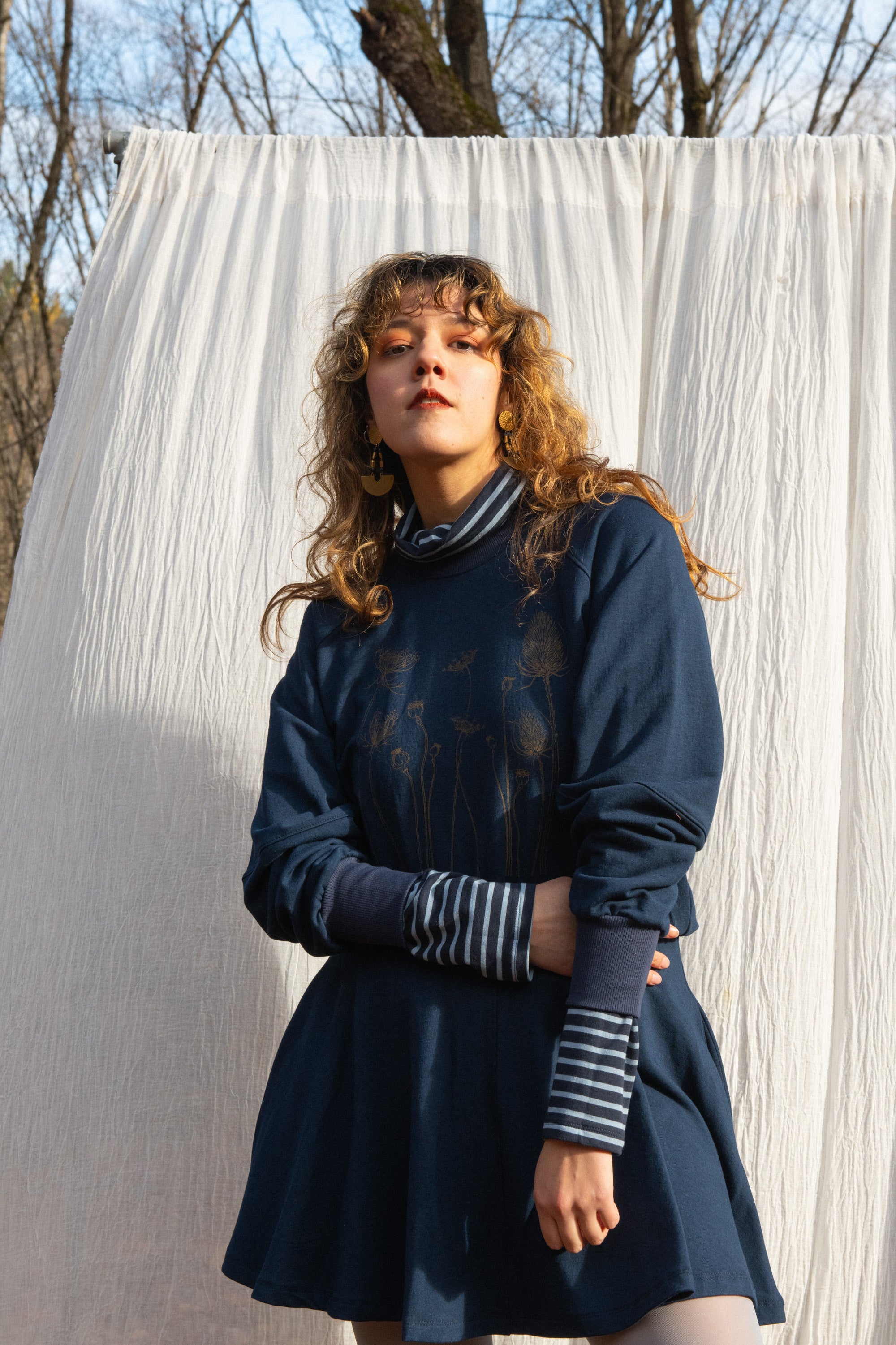 Crewneck MARILOU fleurs d'automne Marine-bambou et coton OEKOTEX