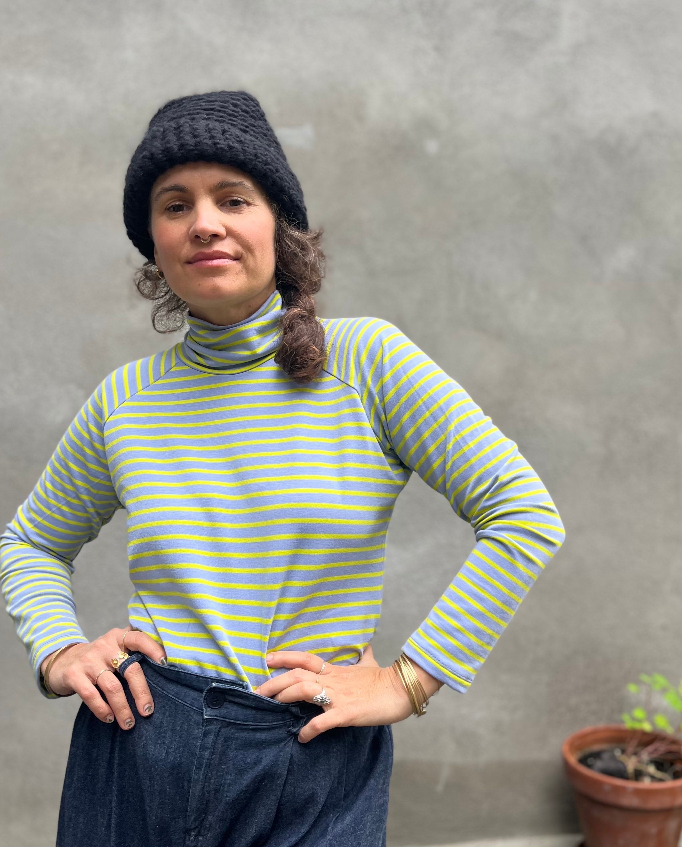 Col roulé raglan ORIS - Rayures lilas & néon Oeko-tex