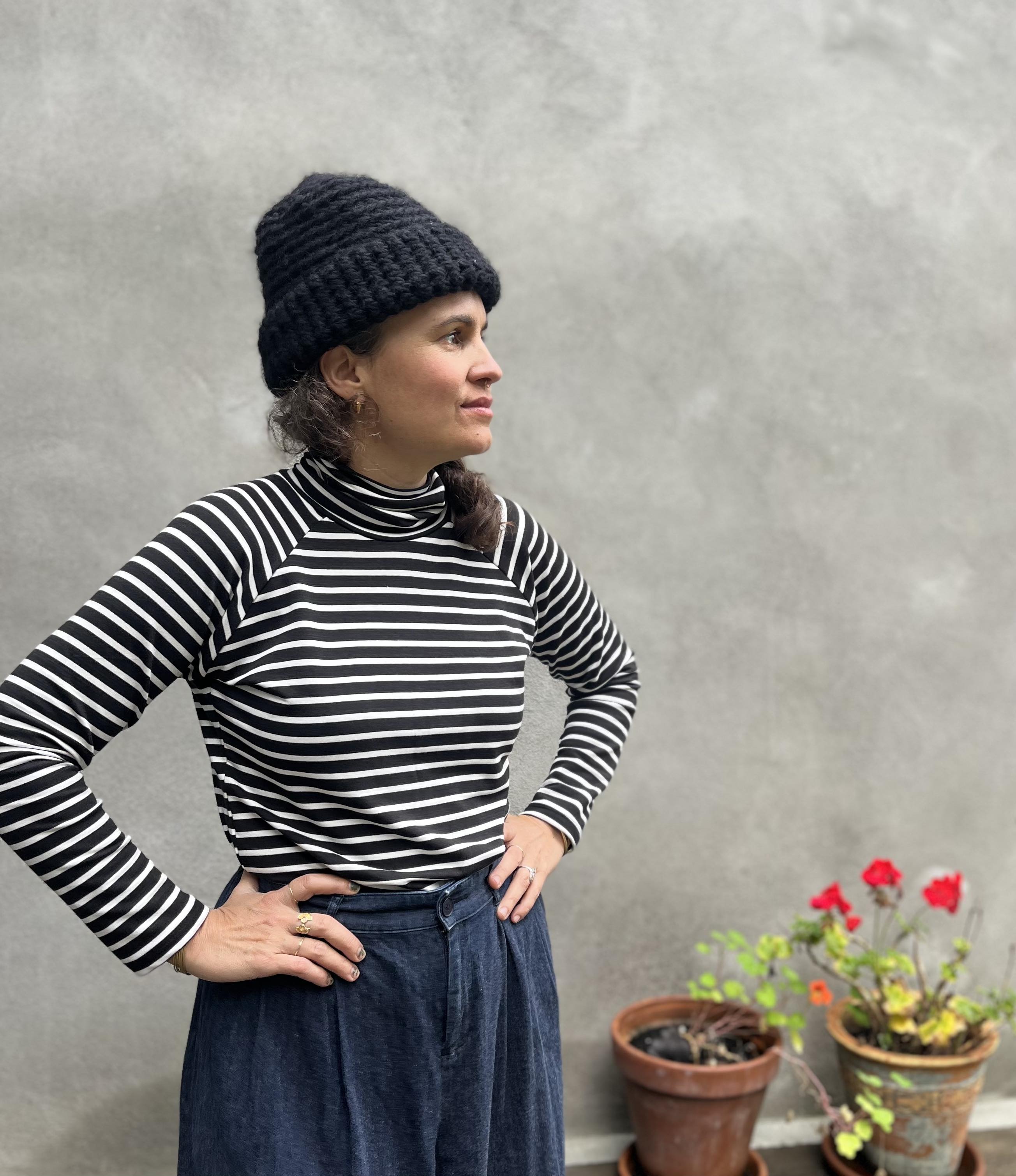 Col roulé raglan ORIS - Rayures noires bambou Oeko-tex