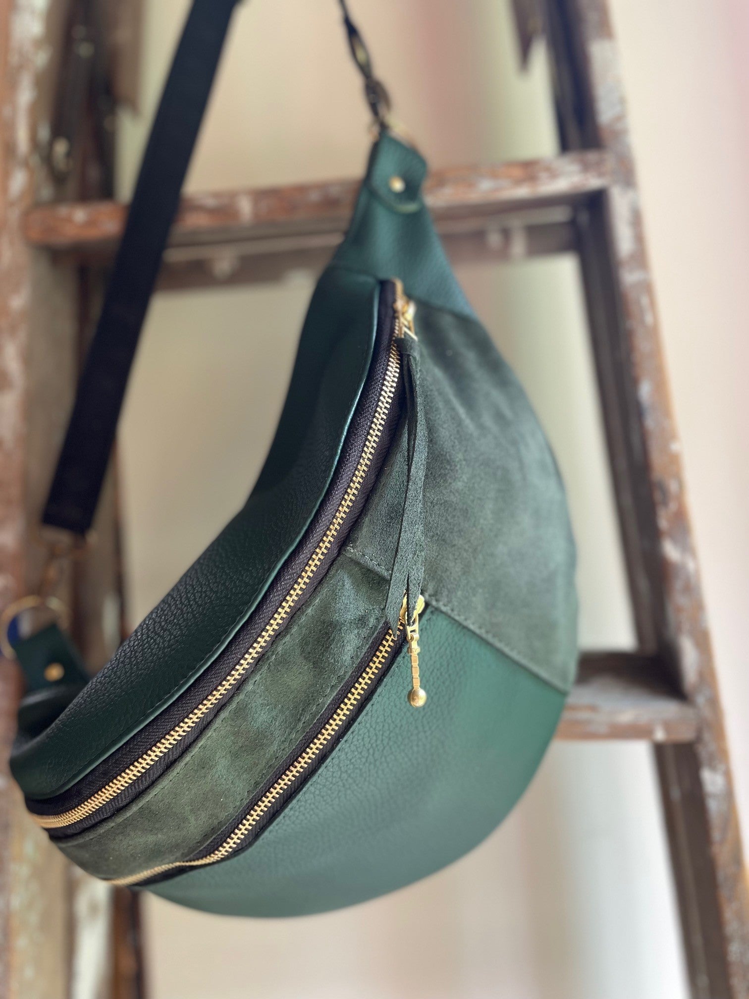 Sac Pinacle banane / bandoulière cuir et suède Evergreen