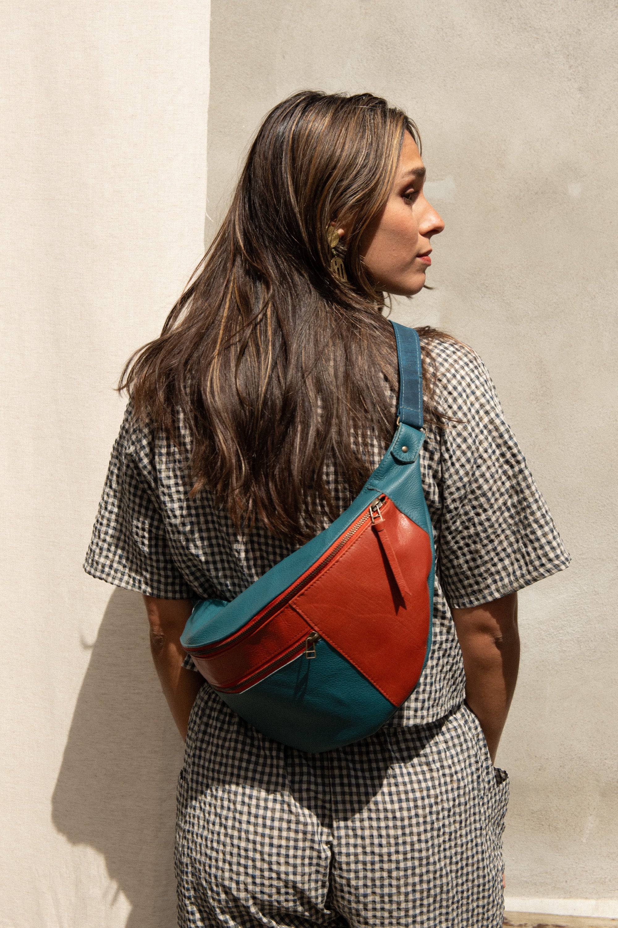 Sac Pinacle banane / bandoulière cuir Sarcelle & Paprika