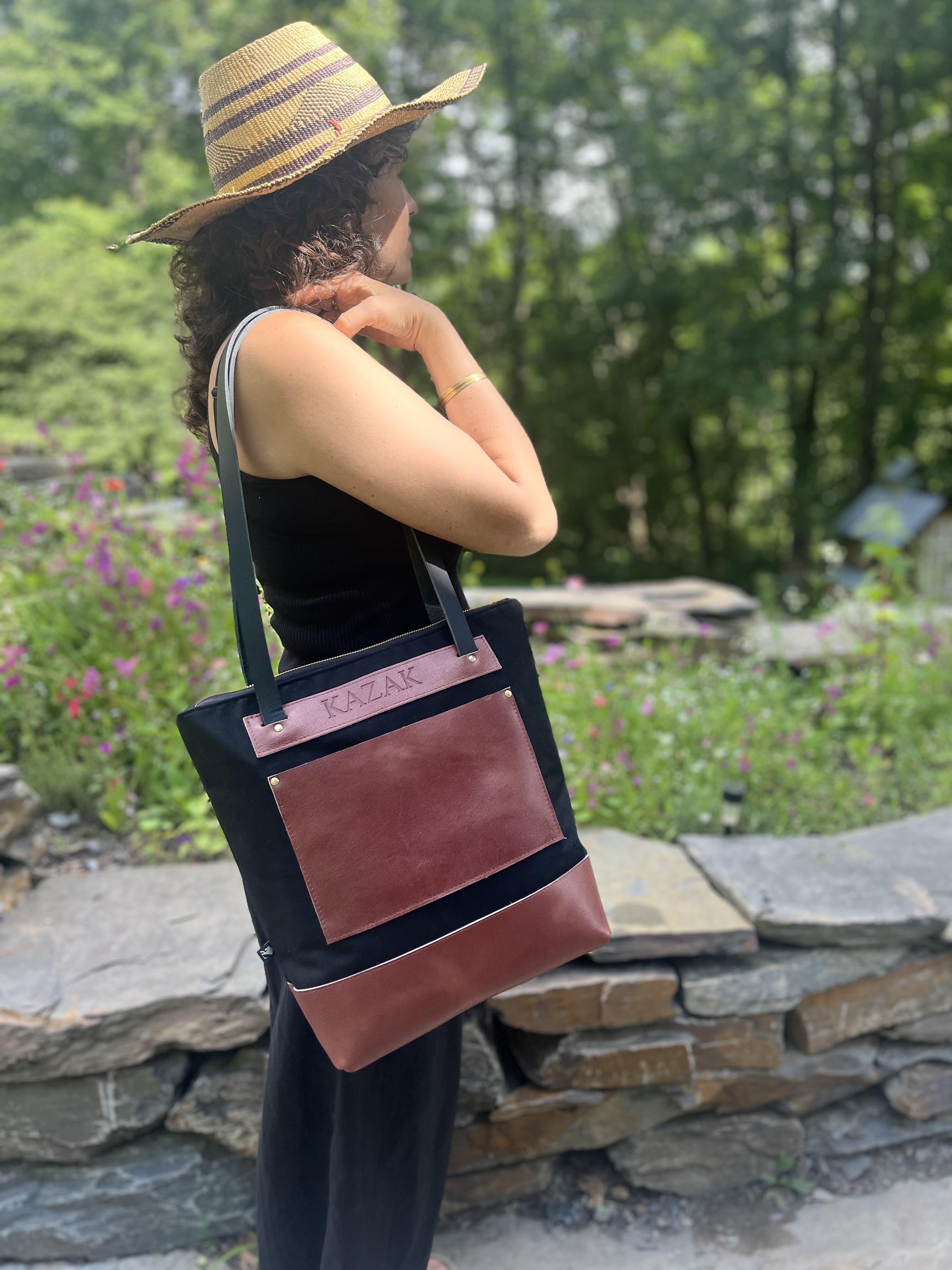 Tote bag Roscoe - Noir & Vieux rose - Mélange Canevas ciré, cuir recyclé et tannage végétal - KAZAK