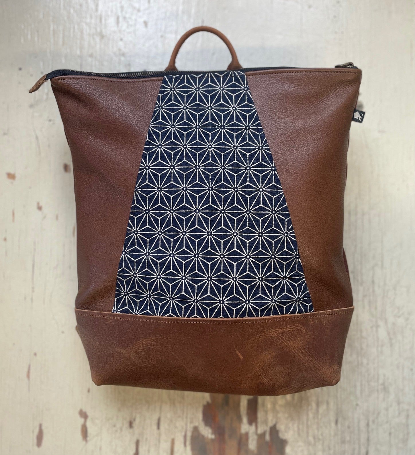 Sac à dos Hobart pour portable - Tissu Japonais - mélange cuir recyclé et tannage végétal - KAZAK