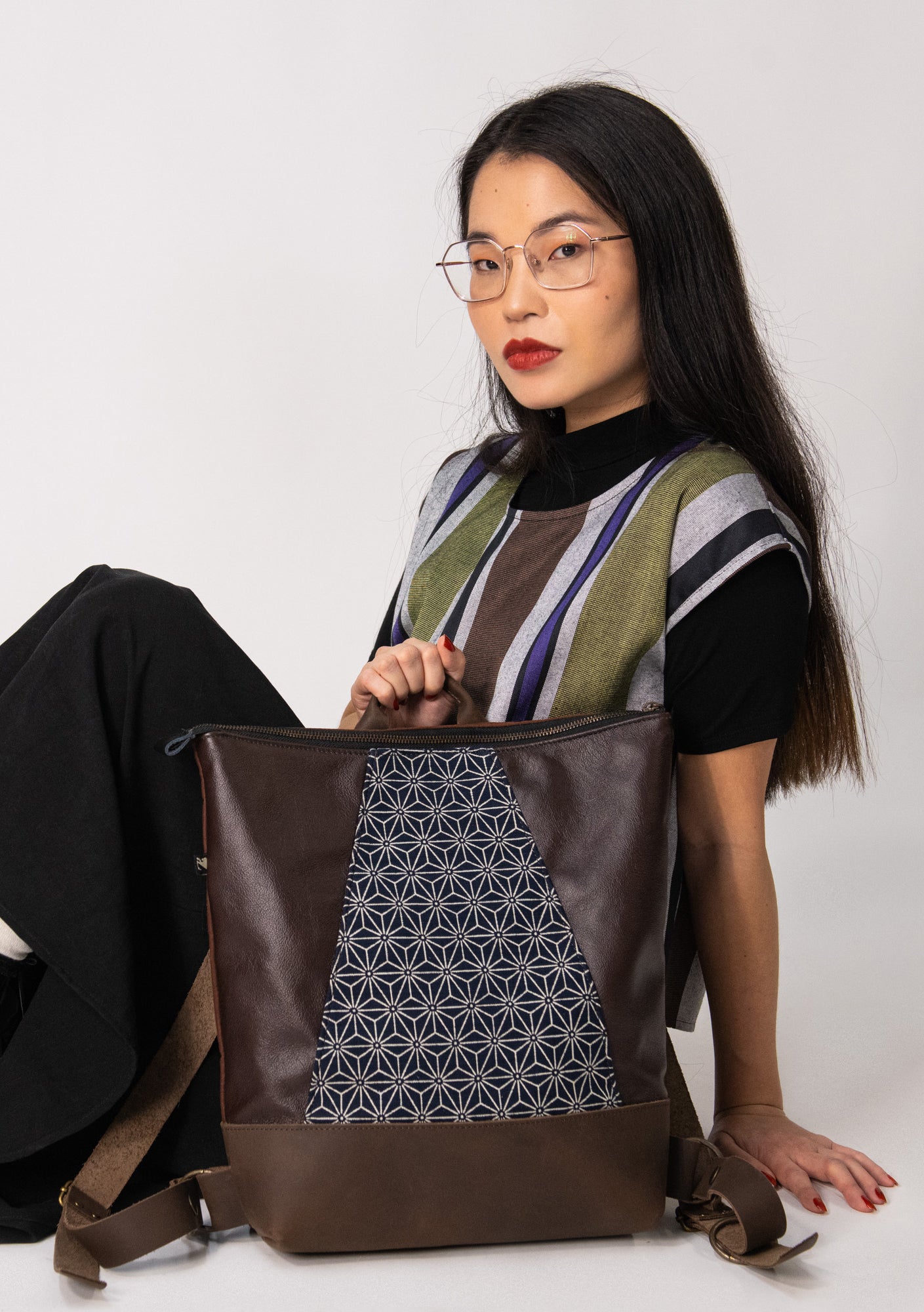 Sac à dos Hobart pour portable - Tissu Japonais - mélange cuir recyclé et tannage végétal - KAZAK