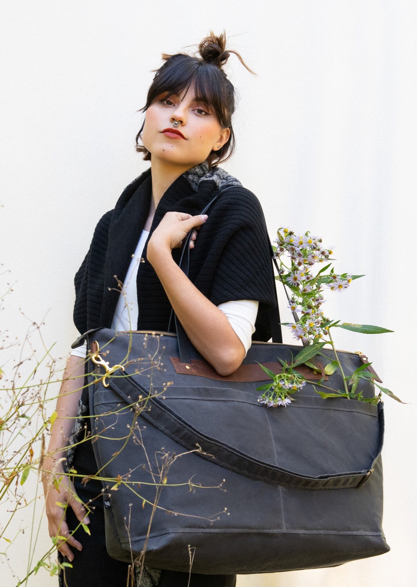 Grand tote bag Loveshack- Canevas ciré Charcoal - KAZAK