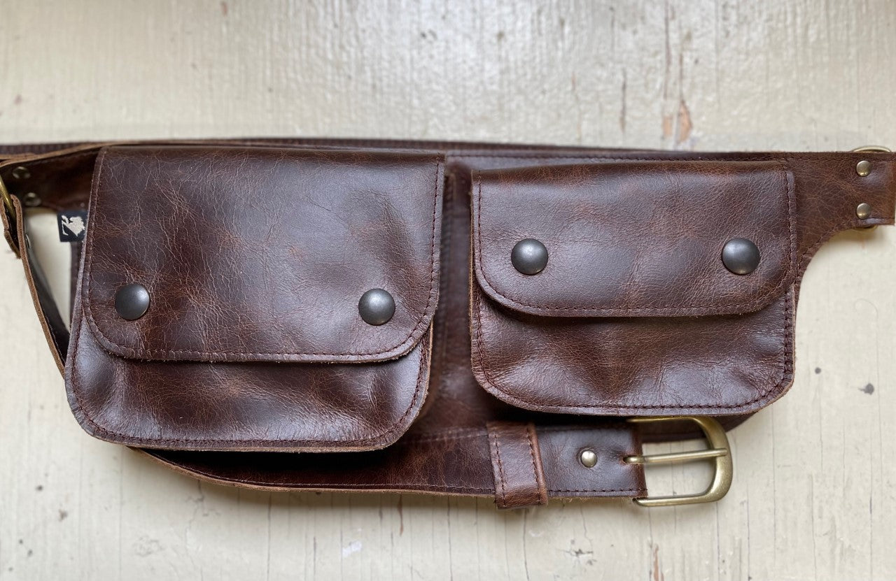 Ceinture pochette Double en cuir recyclé - Brun vintage - KAZAK