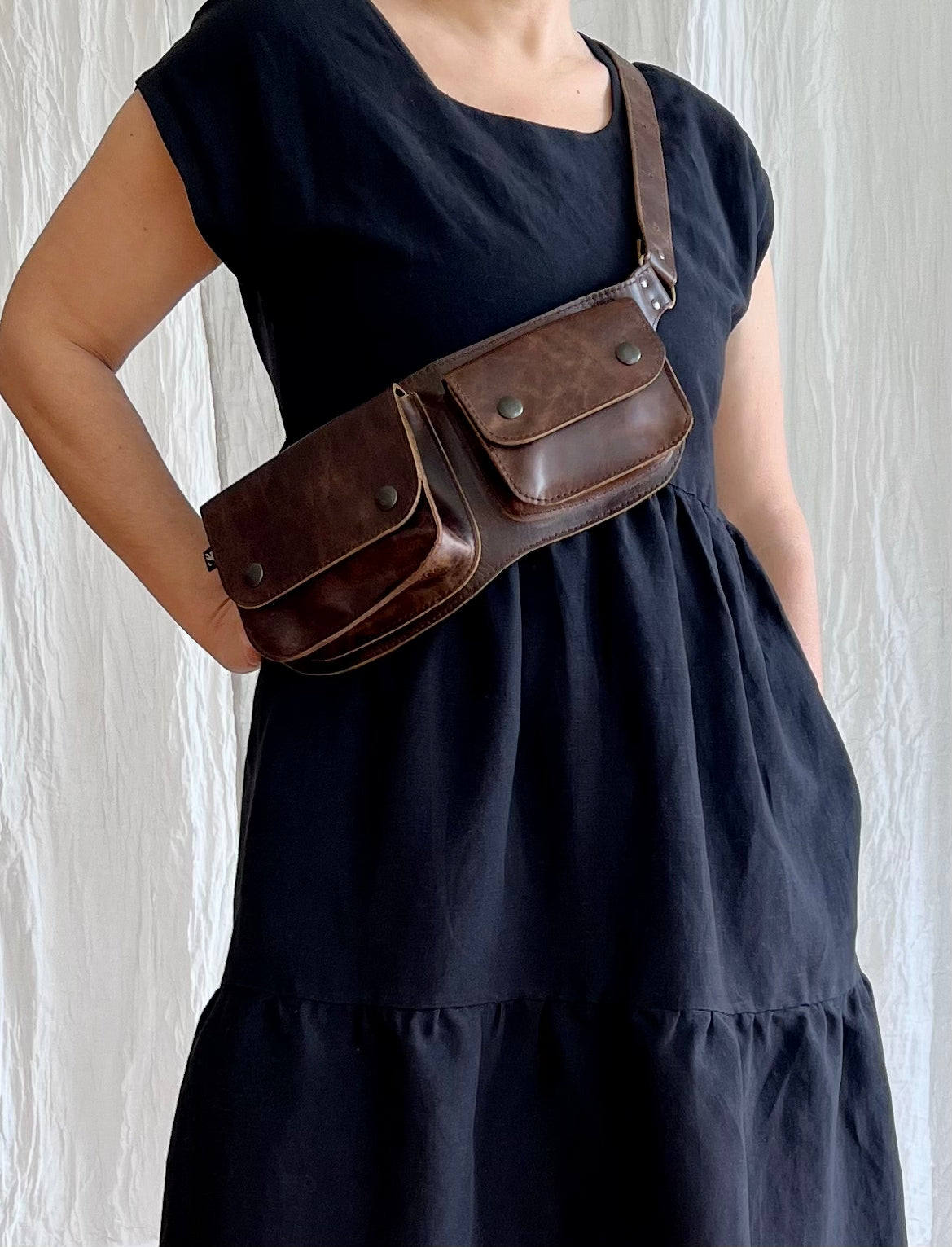 Ceinture pochette Double en cuir recyclé - Brun vintage - KAZAK