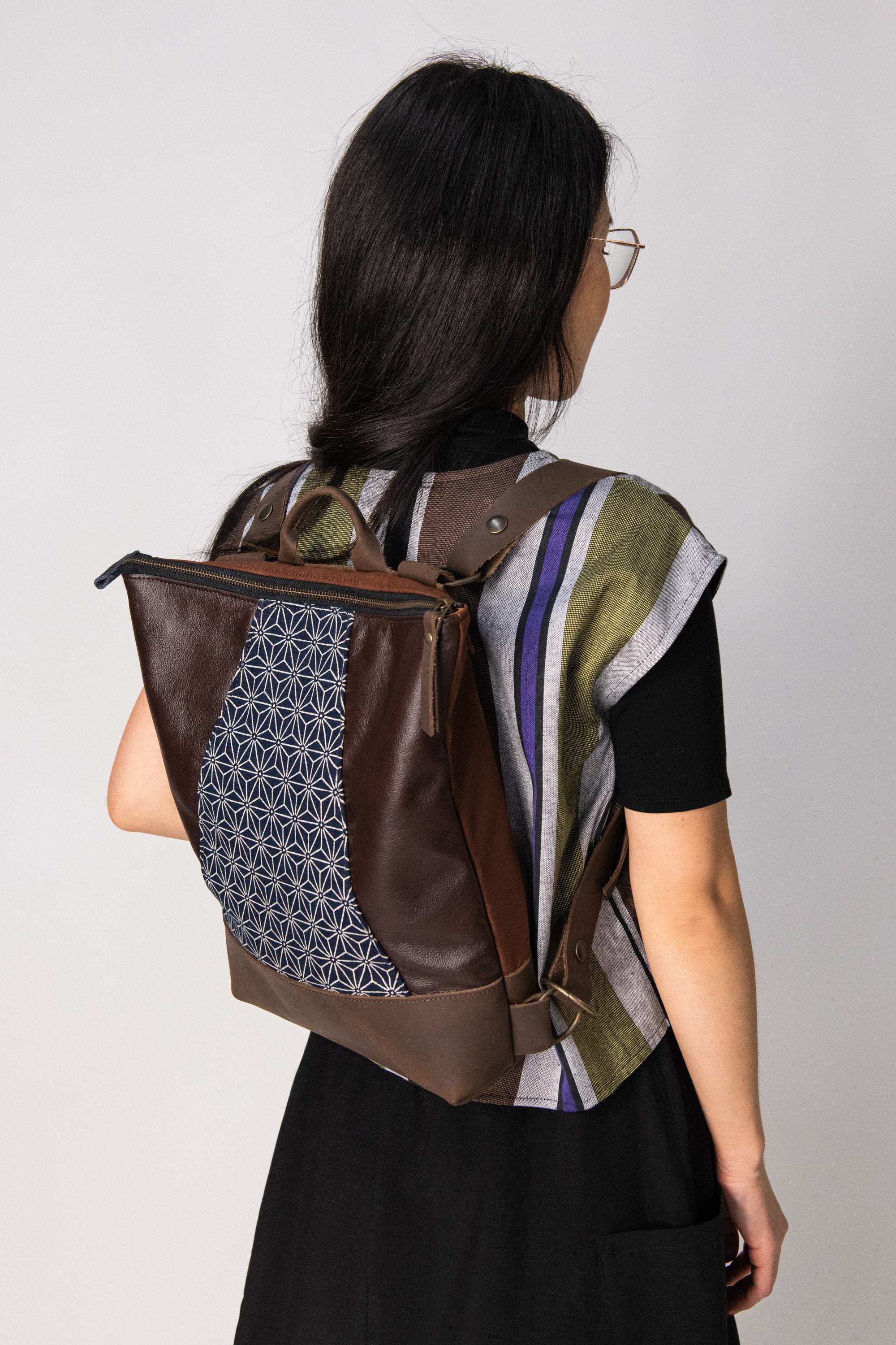 Sac à dos Hobart pour portable - Tissu Japonais - mélange cuir recyclé et tannage végétal - KAZAK