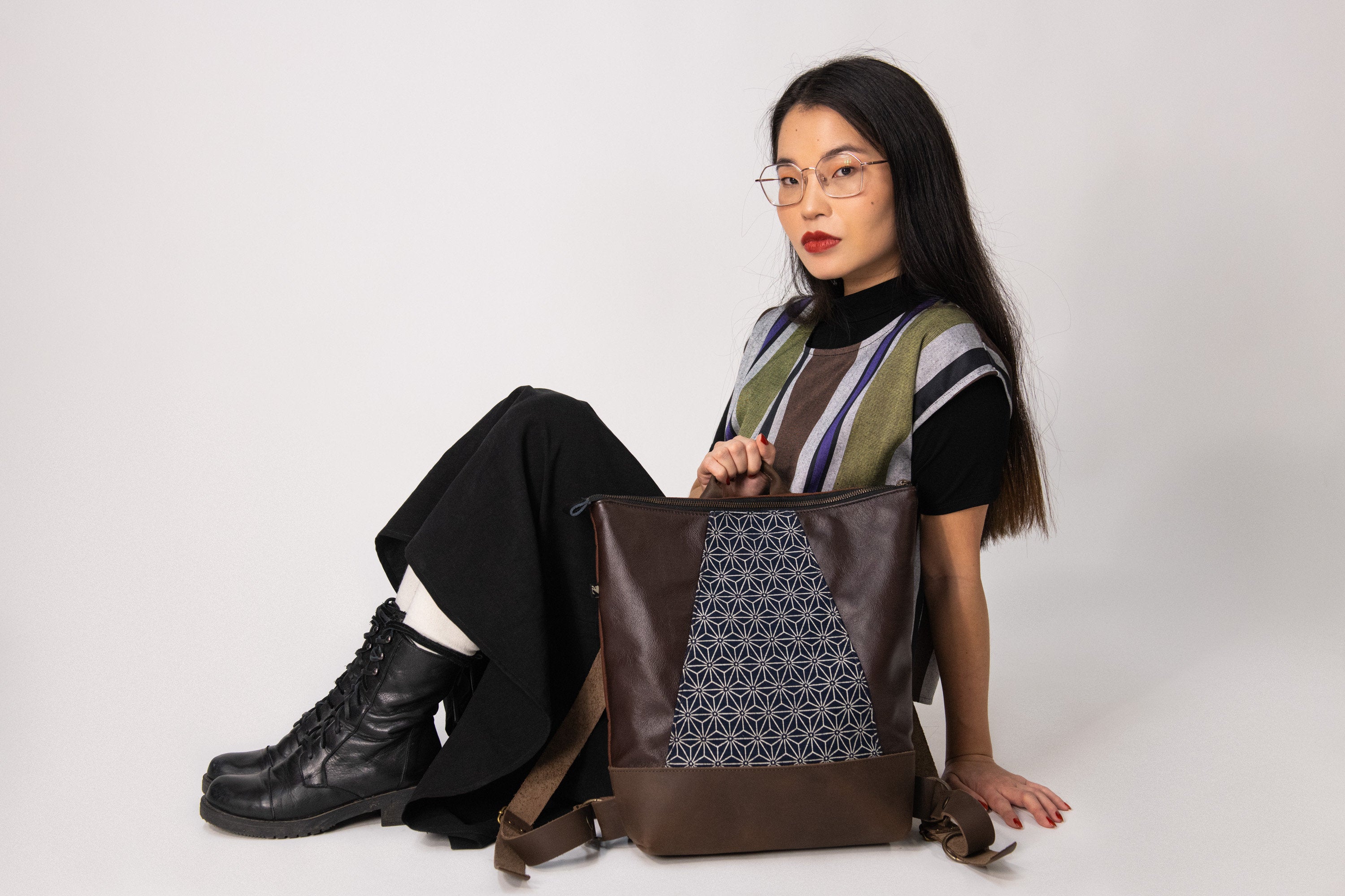 Sac à dos Hobart pour portable - Tissu Japonais - mélange cuir recyclé et tannage végétal - KAZAK