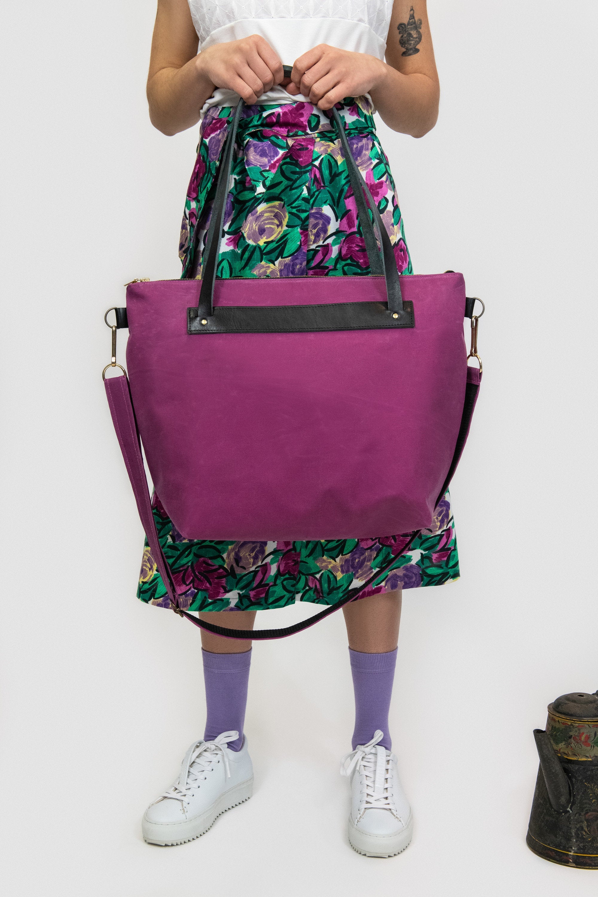 Grand tote bag Cavalcade - Canevas ciré Fushia - mélange cuir recyclé et tannage végétal - KAZAK