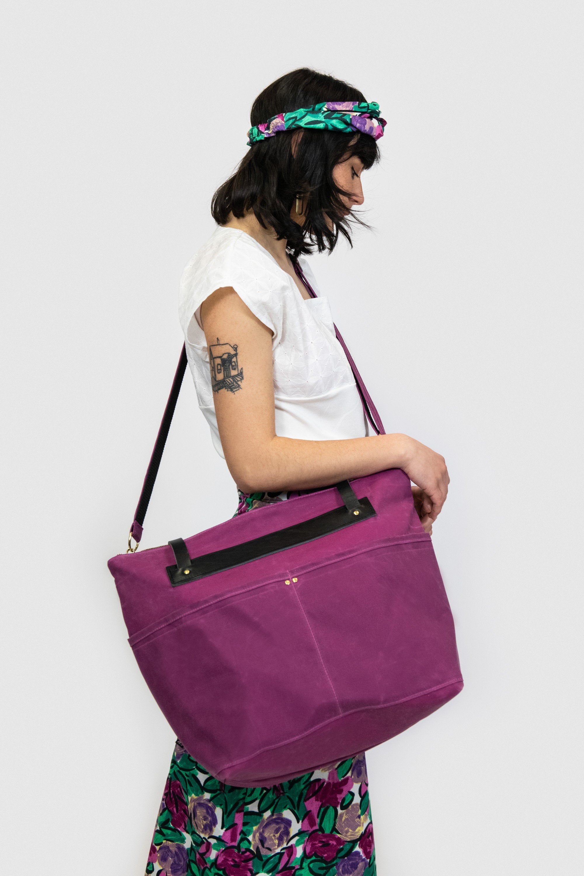 Grand tote bag Cavalcade - Canevas ciré Fushia - mélange cuir recyclé et tannage végétal - KAZAK