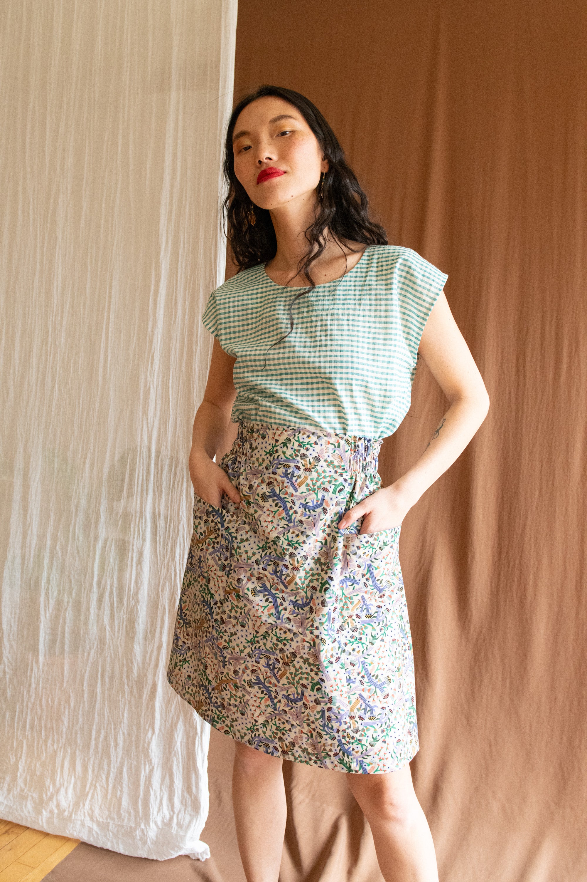Top Sandrigo - Vichy Turquoise tissé à la main -