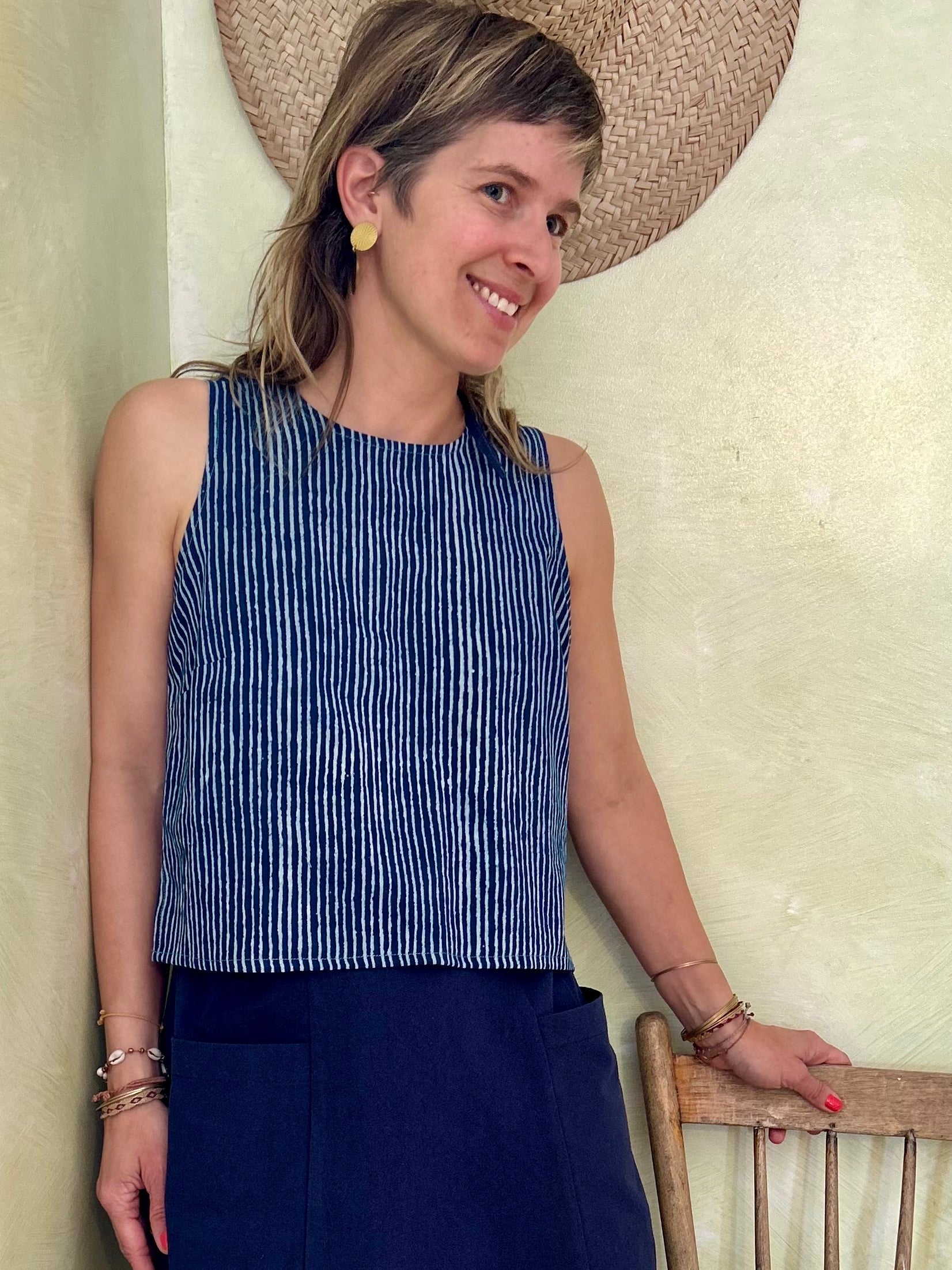 Top Forsythia - Rayures Indigo -