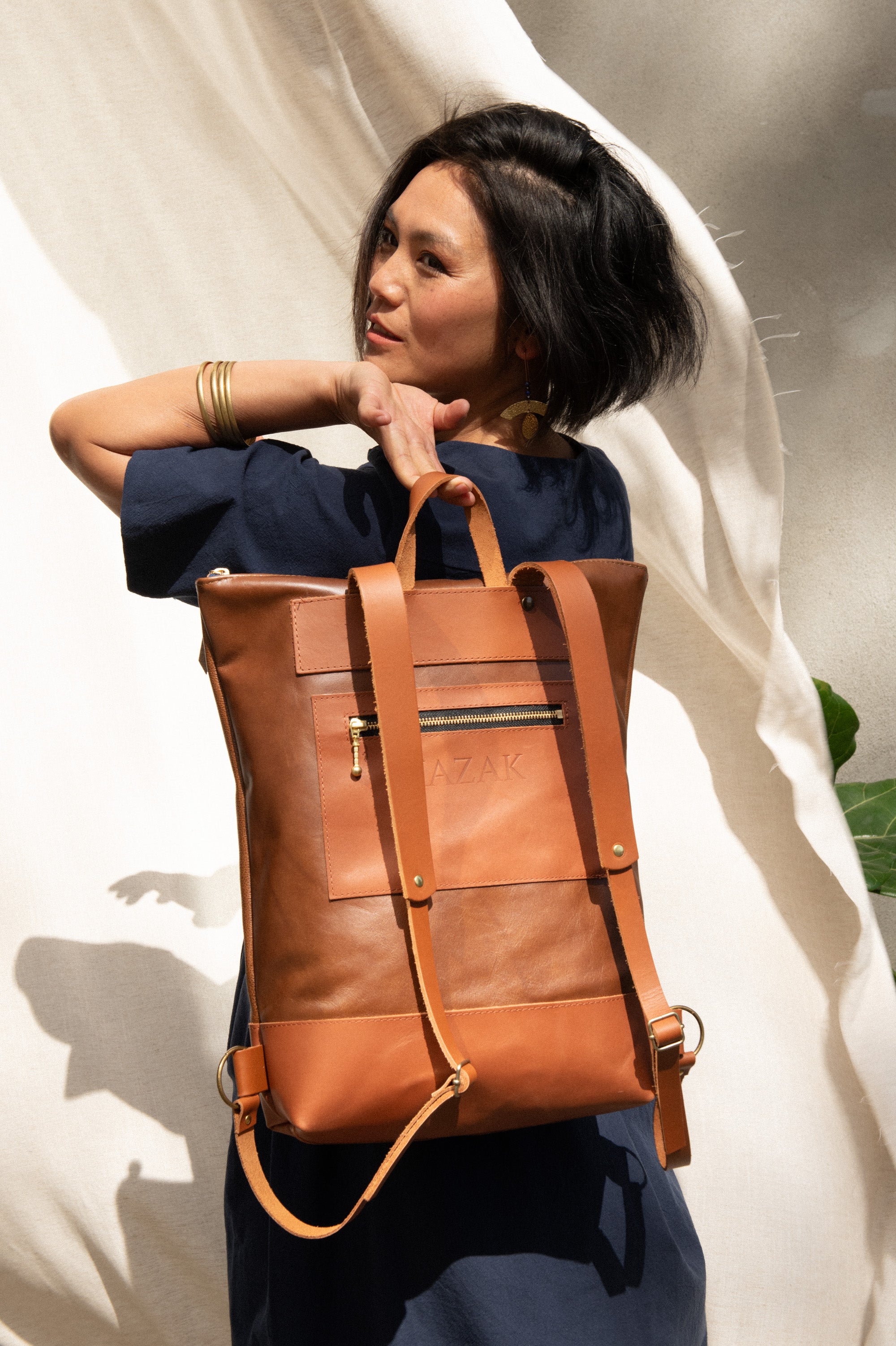 Sac à dos Hobart pour portable - Tissage Oran & Caramel - mélange cuir recyclé et tannage végétal - KAZAK