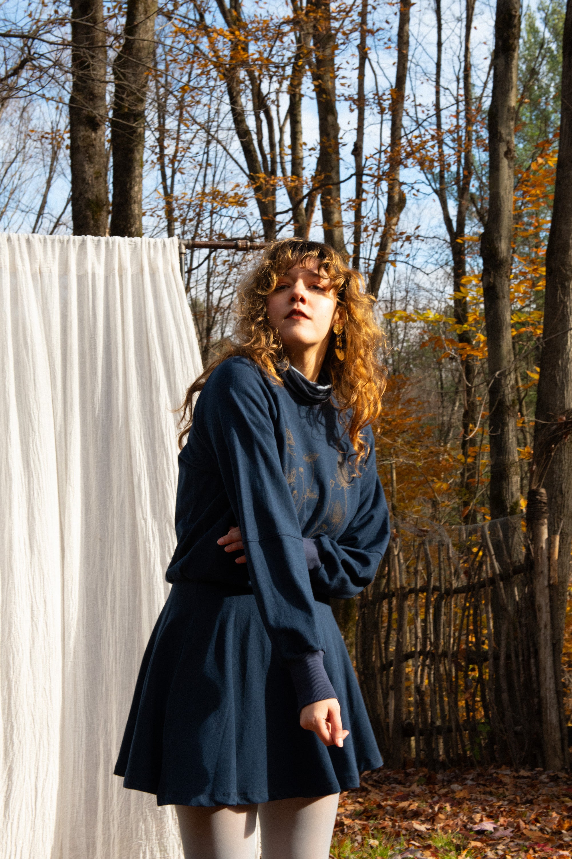 Crewneck MARILOU fleurs d'automne Marine-bambou et coton OEKOTEX