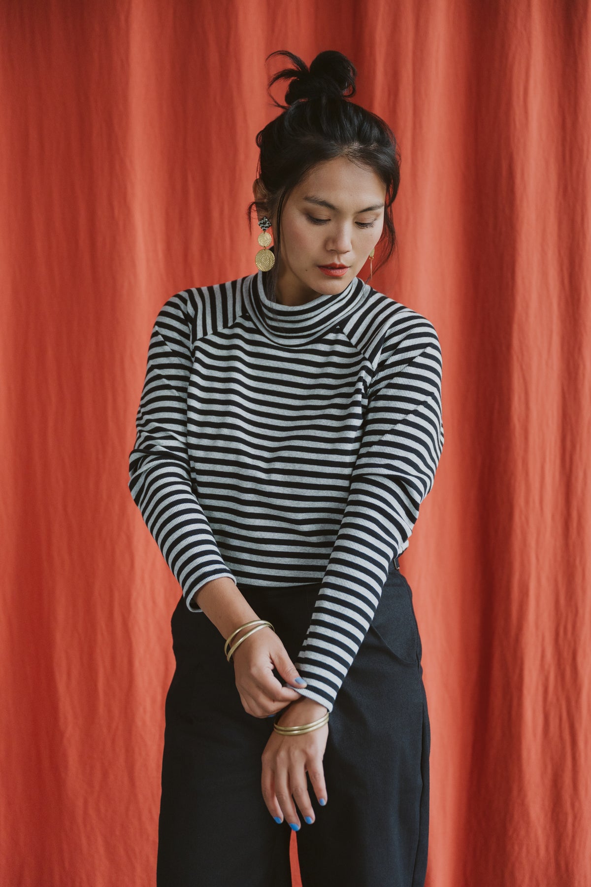 Col roulé raglan ORIS - Rayures grises et noires Oeko-tex