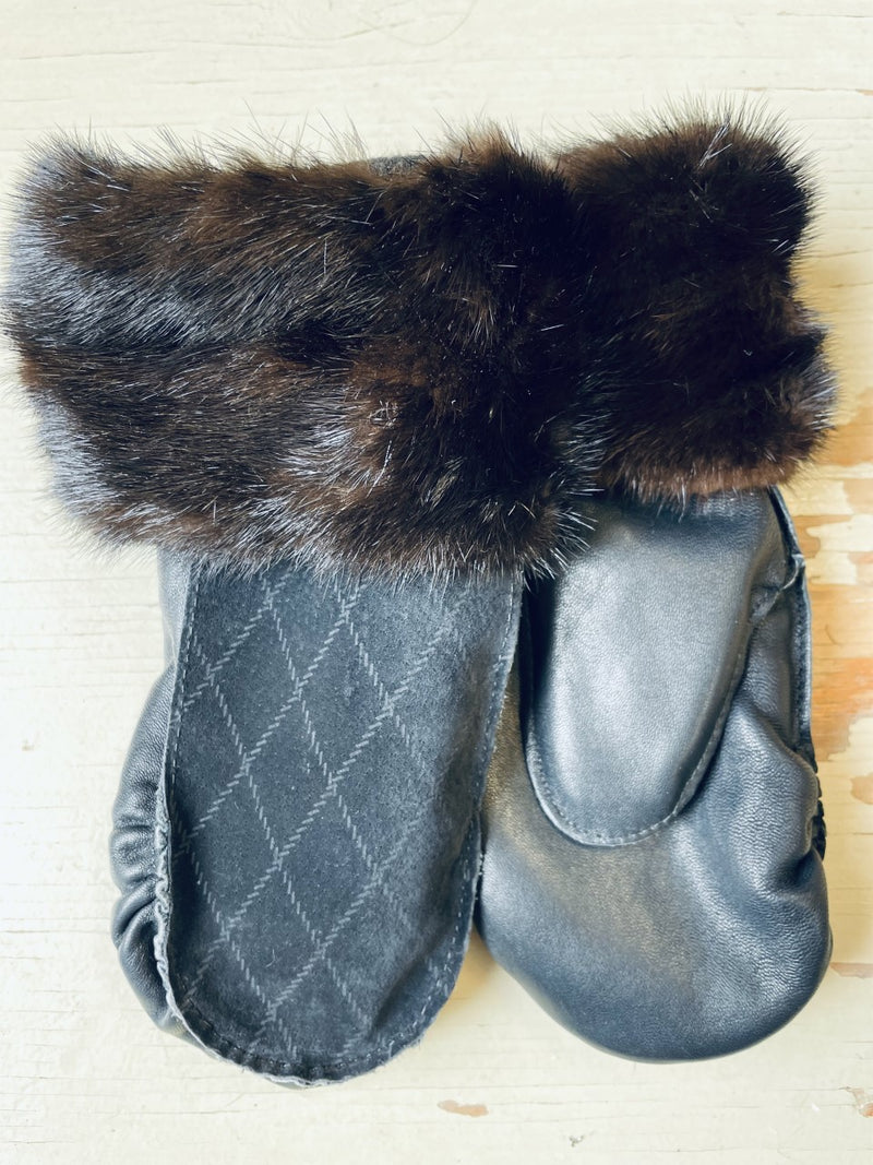 Mitaines Mocassin Marine - cuir et fourrure recyclé - KAZAK