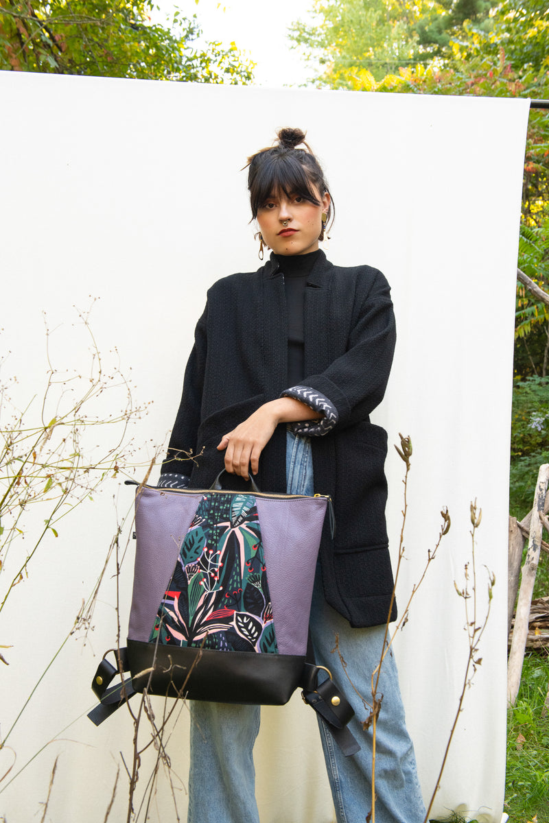 Sac à dos Hobart pour portable - Dark Jungle / Cuir Lilas et coton ciré - KAZAK