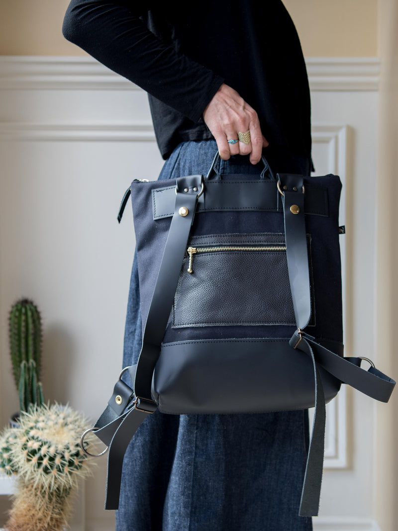 Sac à dos Hobart pour portable - Tigres / Cuir Noir et coton ciré - KAZAK