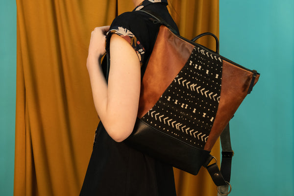 Sac à dos Hobart pour portable - Bogolan/ caramel - mélange cuir recyclé et tannage végétal - KAZAK